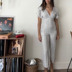Striped Jumpsuit V-Neck Tie Back Pockets‎ Casual Summer Romper